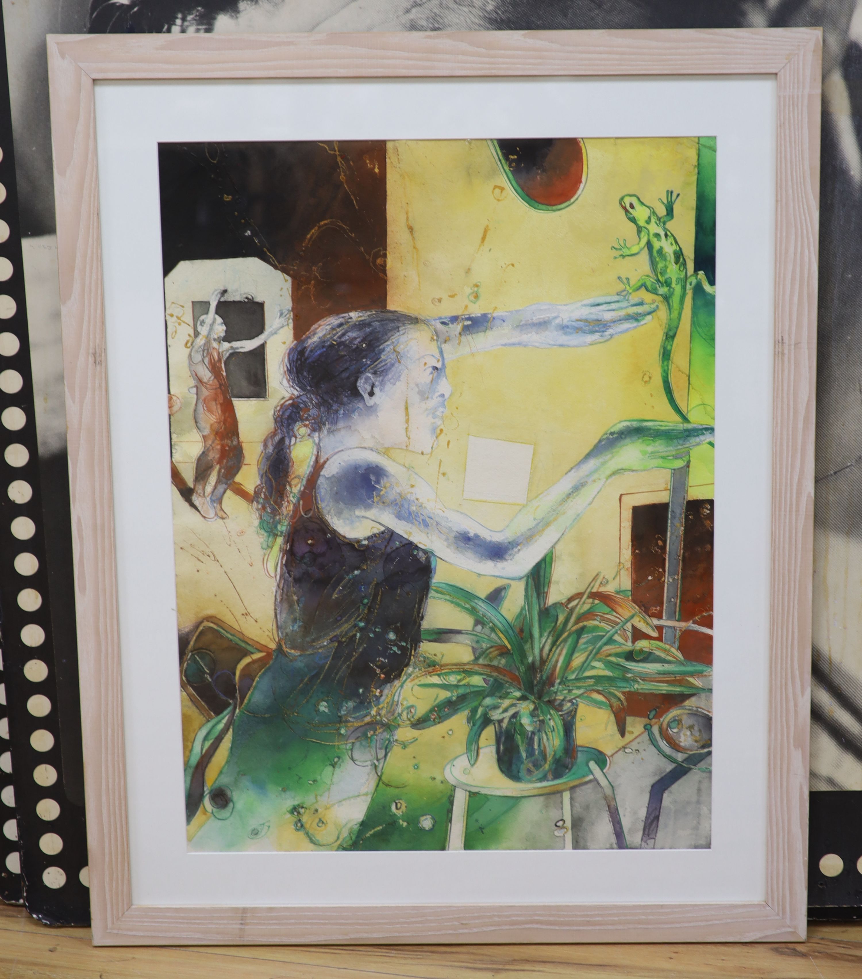 Bob Ballard, watercolour, Girl with a lizard, Bankside Gallery Exhibition label verso, 78 x 58cm